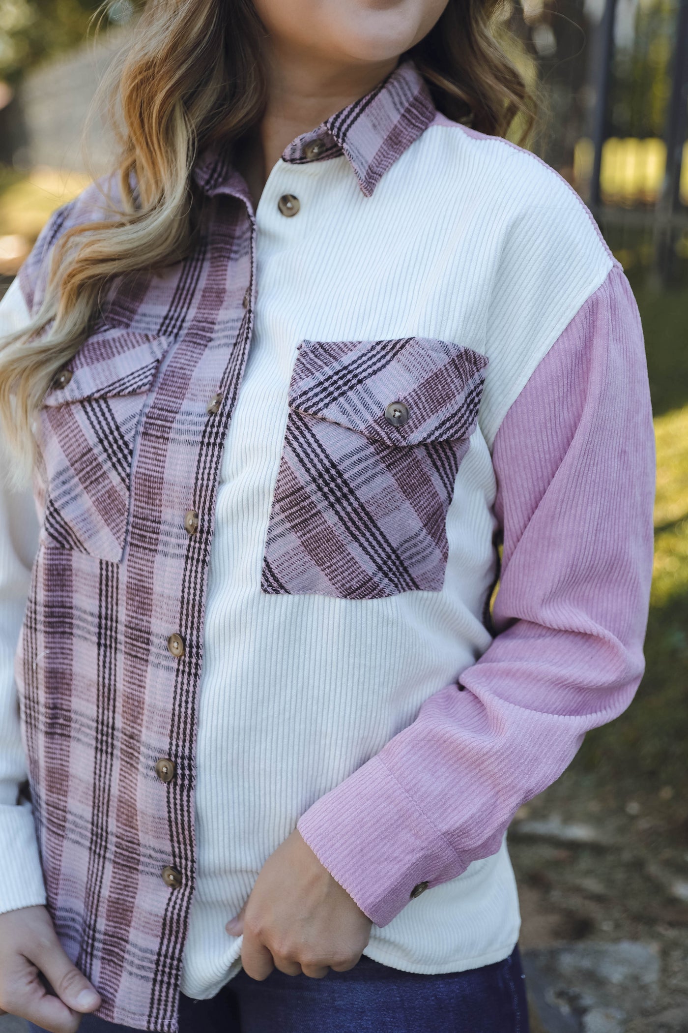 Women's Corduroy Button Down- Pink Plaid Shacket- Women's Pink and White Plaid Top