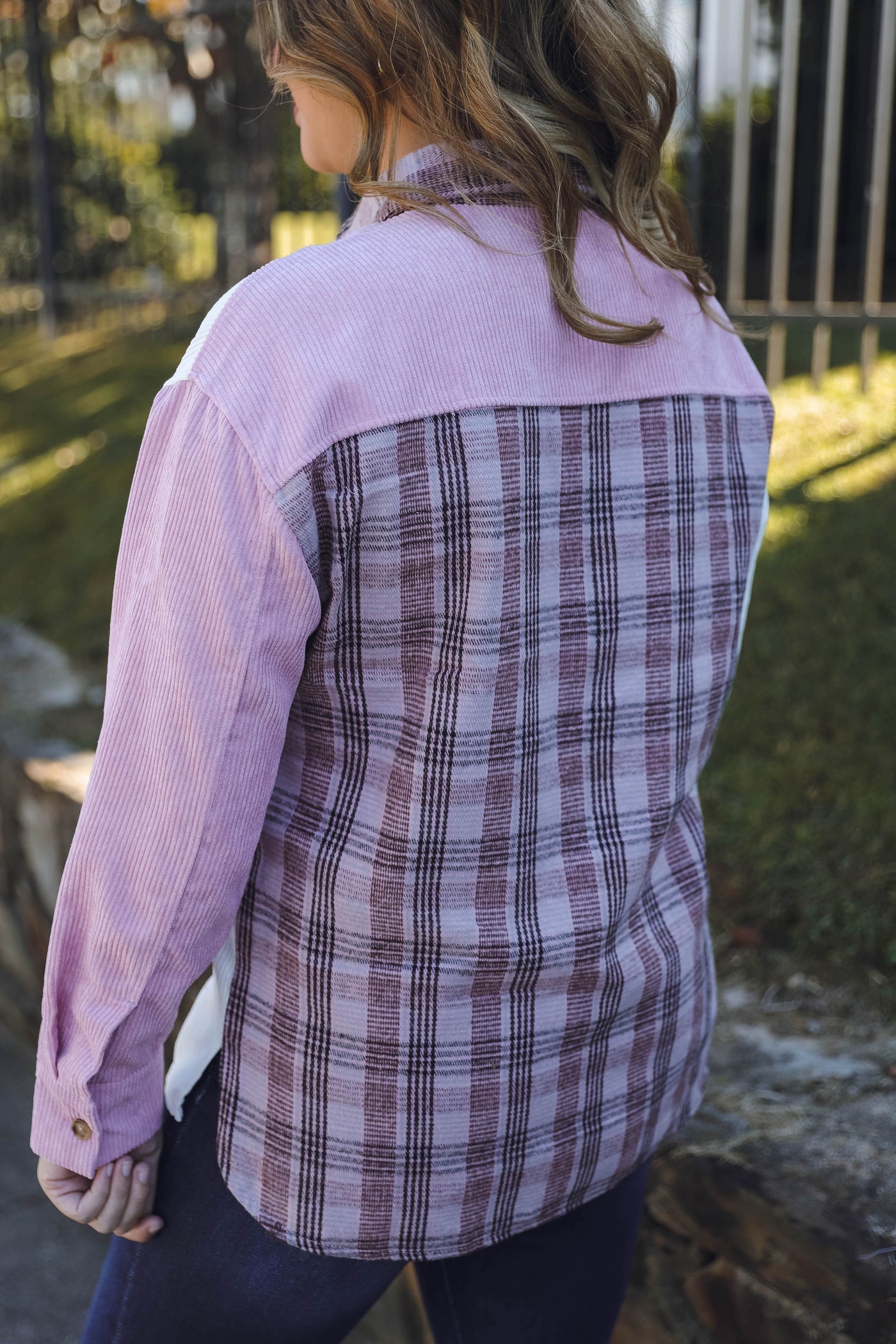 Women's Corduroy Button Down- Pink Plaid Shacket- Women's Pink and White Plaid Top