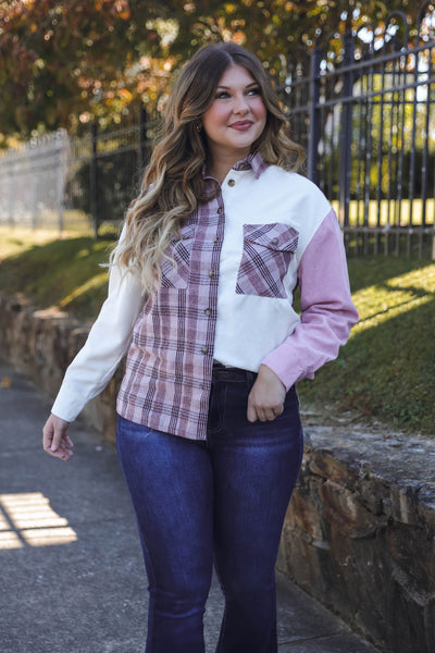 Women's Corduroy Button Down- Pink Plaid Shacket- Women's Pink and White Plaid Top