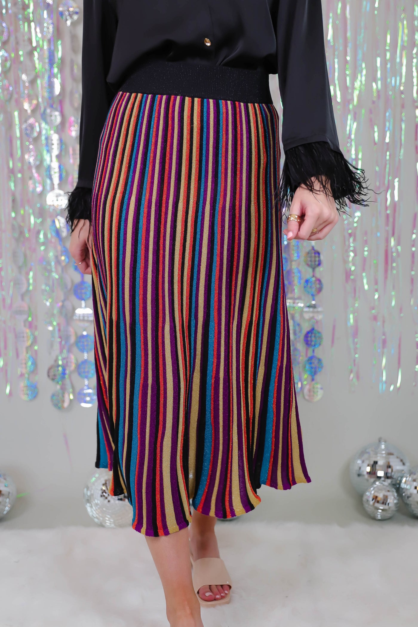 Multi Colored Striped Midi Skirt- Shimmery Striped Skirt