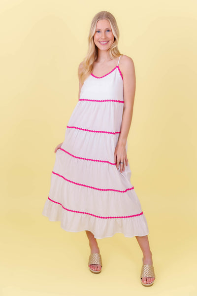 Women's Vacation Dresses- Preppy Midi Dress- White And Pink Dress