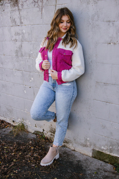 Women's Sherpa Corduroy Jacket- Fuchsia Jacket- Women's Cute Sherpa Jacket- &Merci Jacket