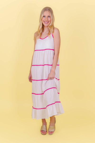 Women's Vacation Dresses- Preppy Midi Dress- White And Pink Dress