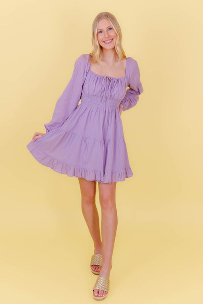 Lilac Swiss Dot Dress- Pretty Long Sleeve Dress- Women's Dress With Elastic Waistband