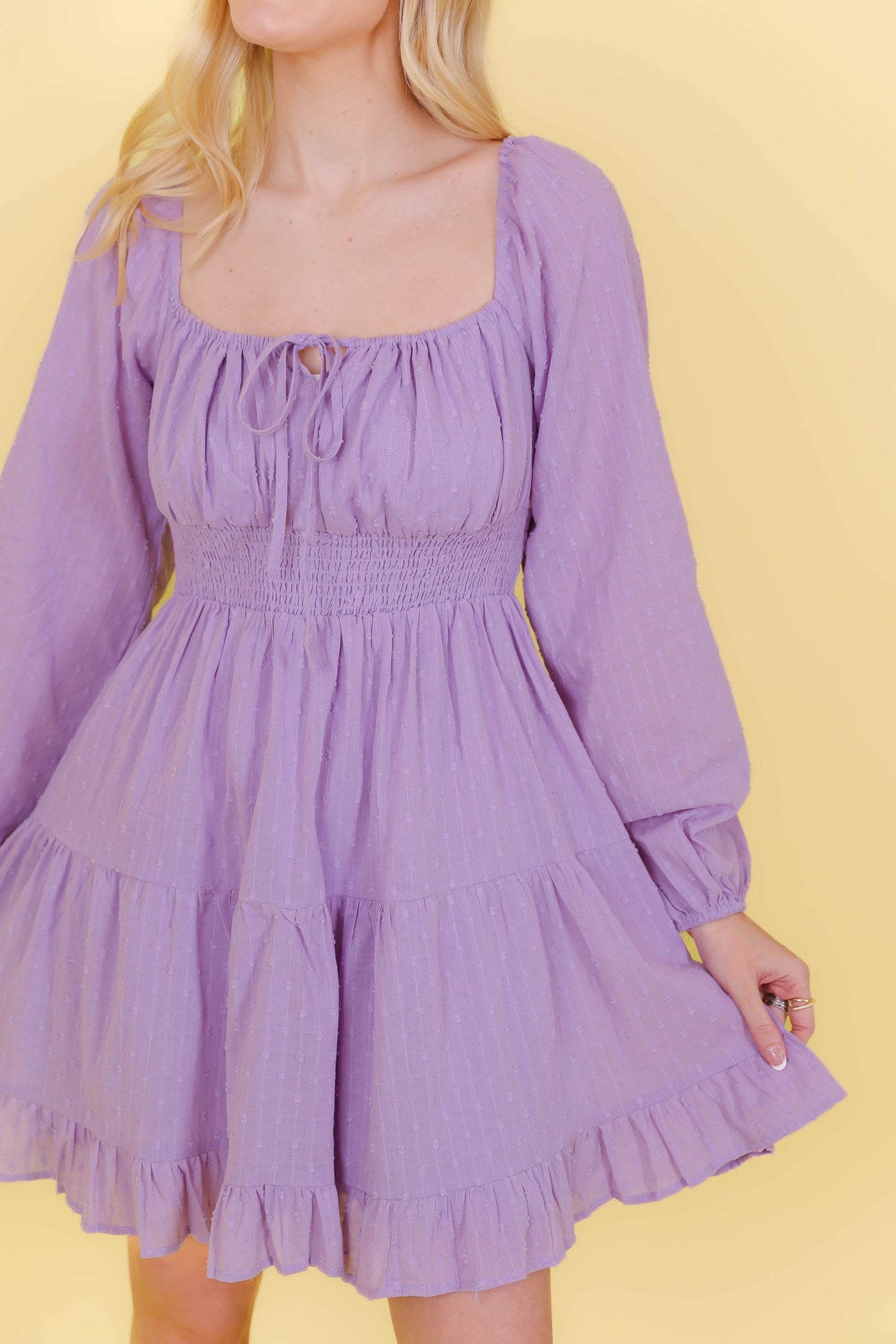 Lilac Swiss Dot Dress- Pretty Long Sleeve Dress- Women's Dress With Elastic Waistband