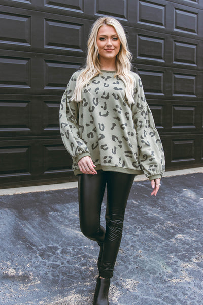 Olive Green Leopard Pullover- Green Leopard Sweater Top- $40