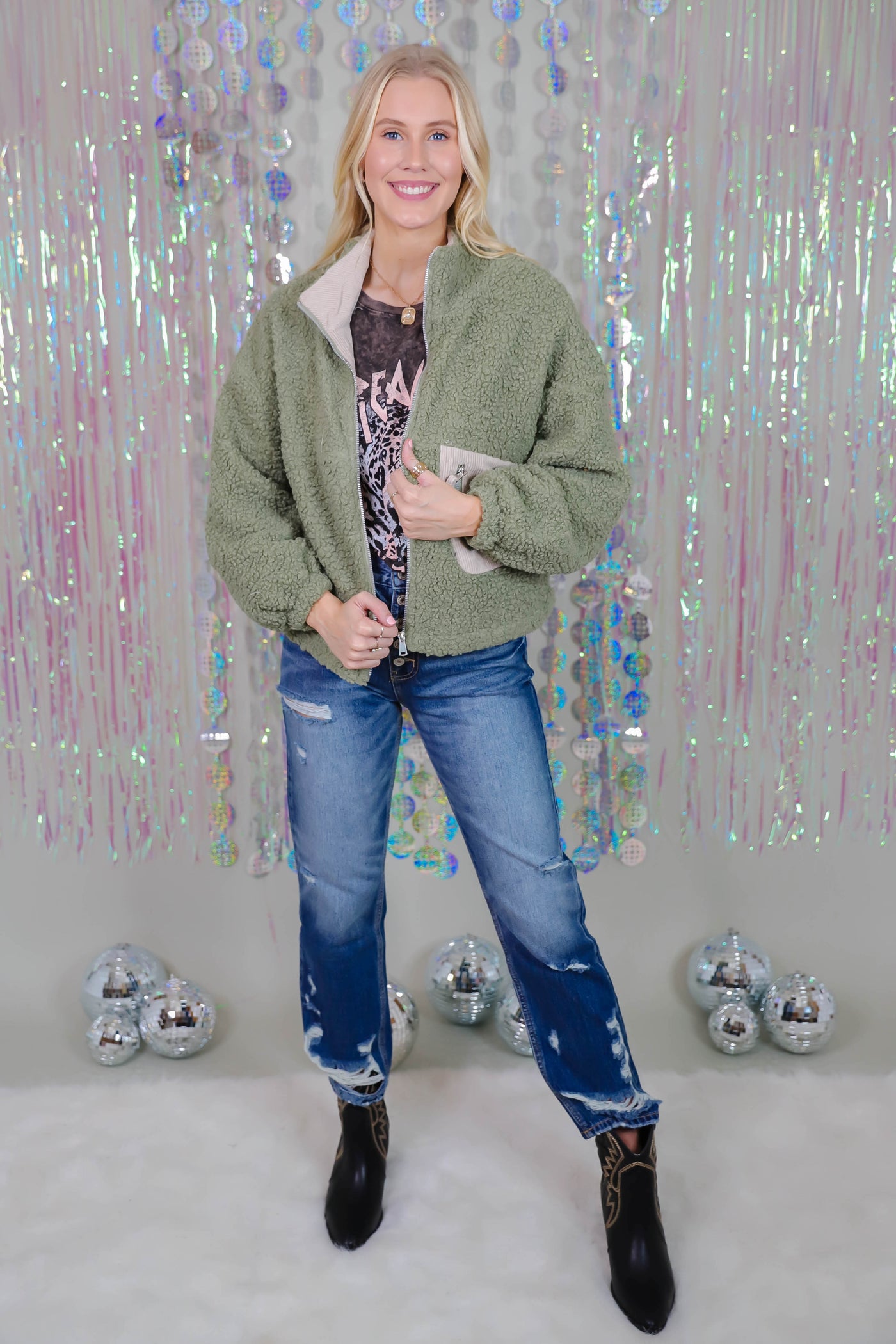 Gren Teddy Bear Jacket- Women's Sherpa Jacket- Sage Green Sherpa Jacket For Women