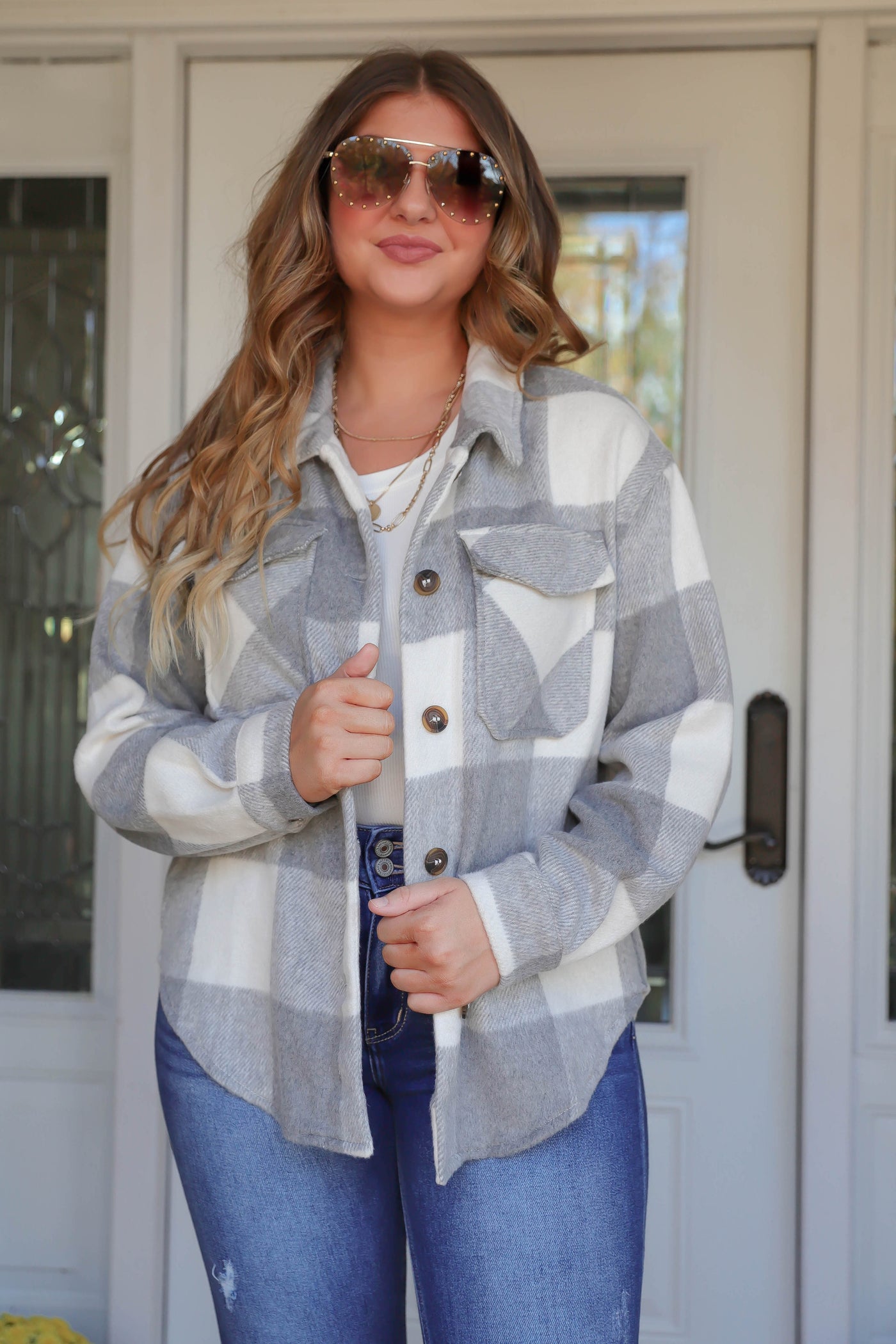 Women's Buffalo Check Flannel- White And Grey Women's Flannel- Soft Button Down Top