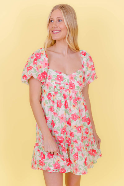 Bright Floral Print Dress- Babydoll Style Dress- &Merci Dresses