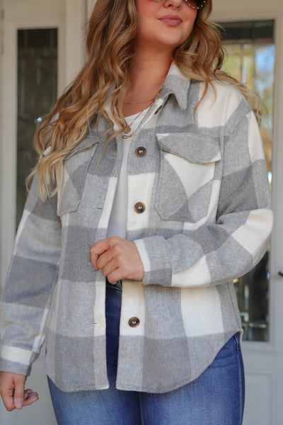 Women's Buffalo Check Flannel- White And Grey Women's Flannel- Soft Button Down Top
