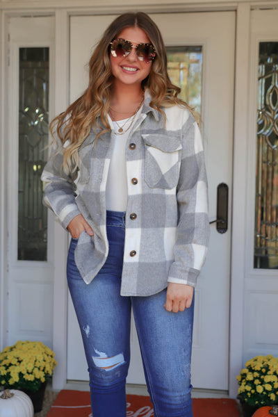 Women's Buffalo Check Flannel- White And Grey Women's Flannel- Soft Button Down Top