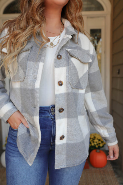 Women's Buffalo Check Flannel- White And Grey Women's Flannel- Soft Button Down Top