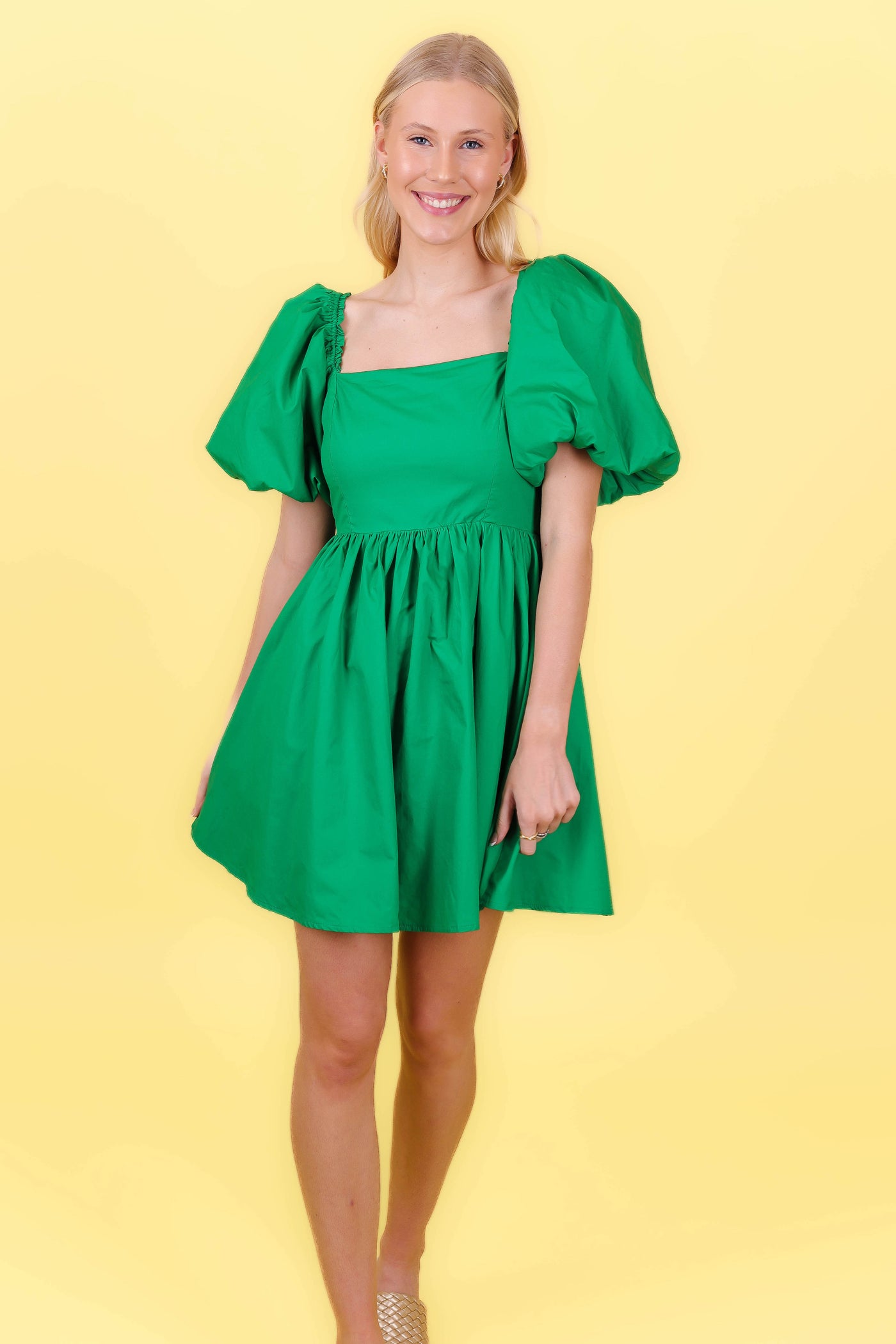 Pretty Green Dress- Women's Puff Sleeve Dress- Bow Back Dress