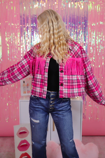 Plaid Shacket- Fringe Studded Shacket- Women's Pink Plaid Top