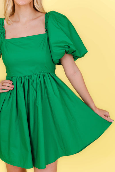 Pretty Green Dress- Women's Puff Sleeve Dress- Bow Back Dress