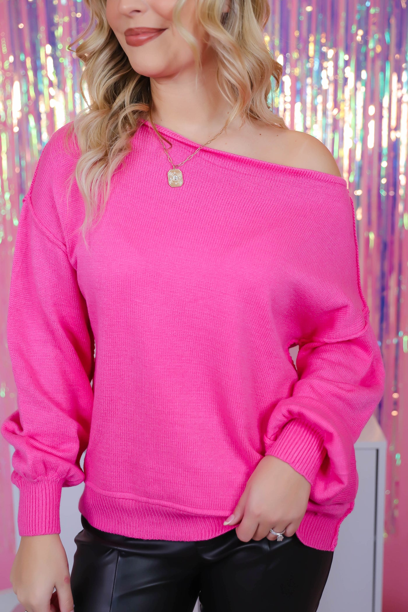 Hot Pink Off The Shoulder Sweater- Women's Lightweight Sweater- Trendy Women's Sweaters