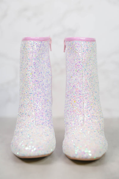 Women's White Glitter Boots- Pastel Glitter Boots-White Glitter Bachelorette Booties 