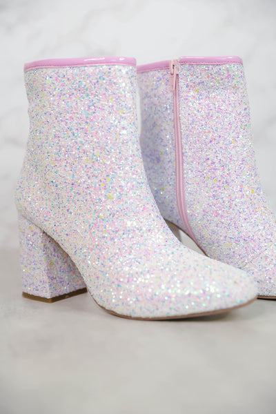 Women's White Glitter Boots- Pastel Glitter Boots-White Glitter Bachelorette Booties 