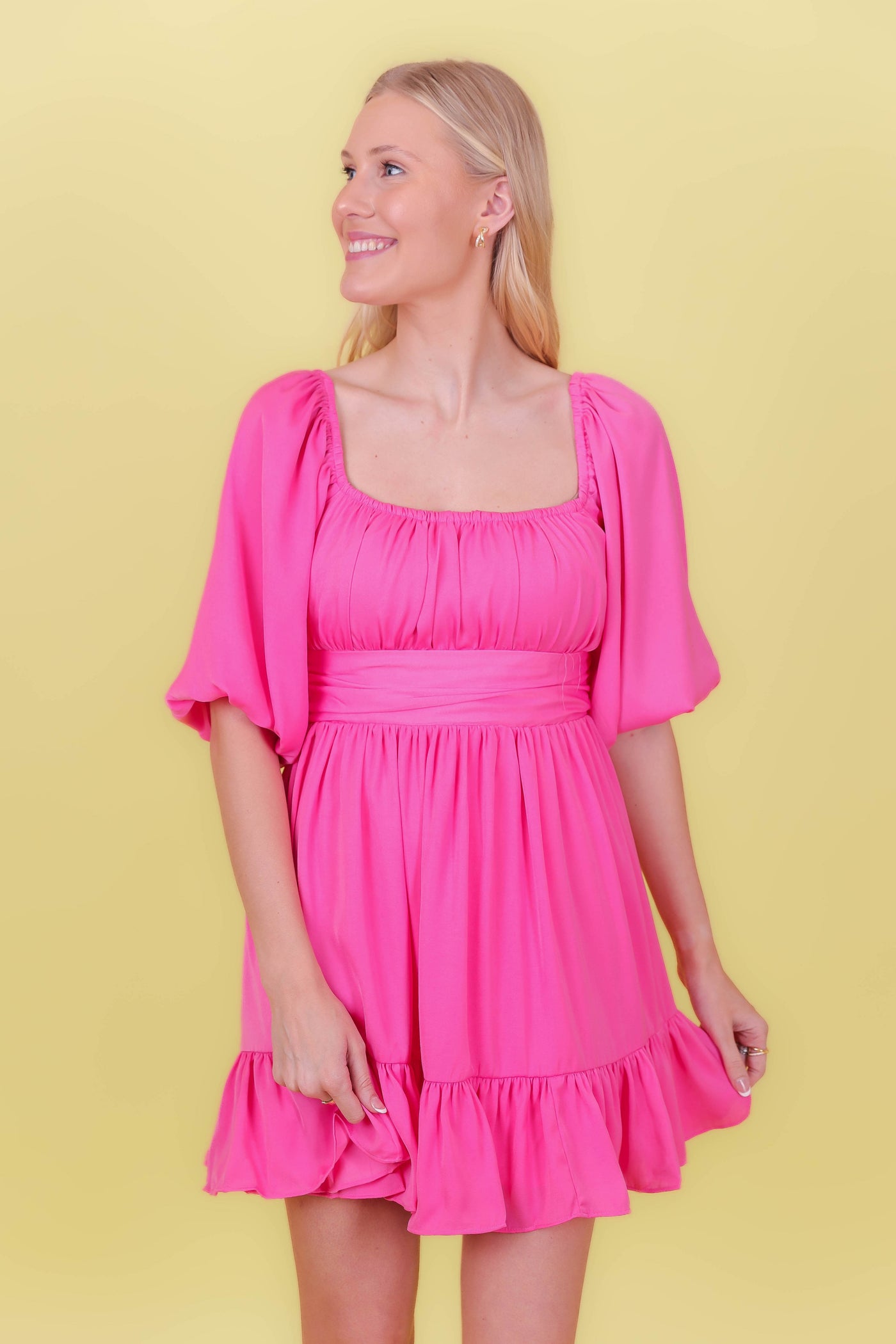 Hot Pink Satin Dress- Bow Back Dress- Pink Puff Sleeve Dress