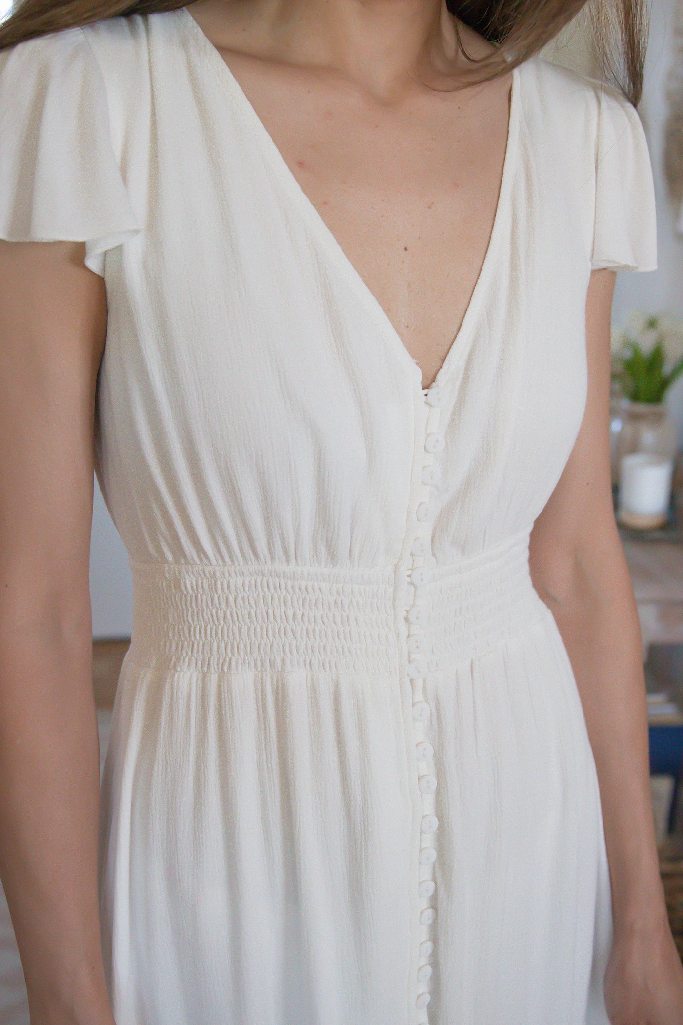 Women's White Midi Dress- Dress With Elastic Waistband- White Ruffle Dress- Beach Dress