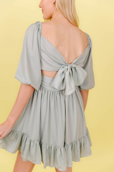 Sage Green Satin Dress- Bow Back Dress- Sage Puff Sleeve Dress