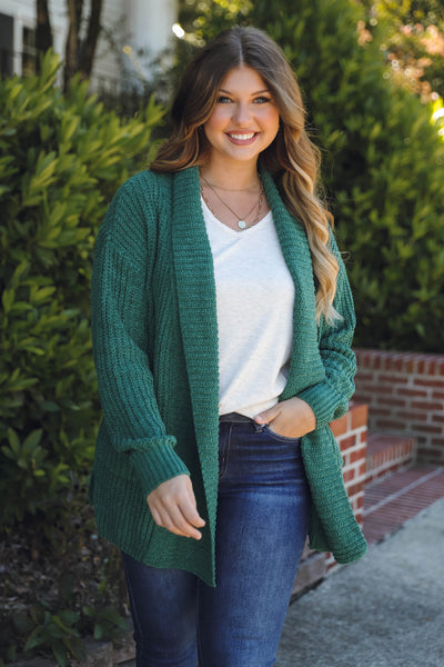Hunter Green Chenille Cardigan- Soft Cozy Cardigan with Pockets- Knitted Cardigan
