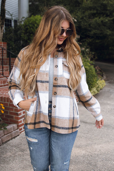 Brown Plaid Shacket- Women's Oversized Flannel Jacket- Blue B Flannel Jacket