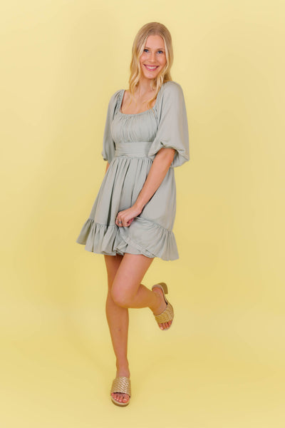 Sage Green Satin Dress- Bow Back Dress- Sage Puff Sleeve Dress