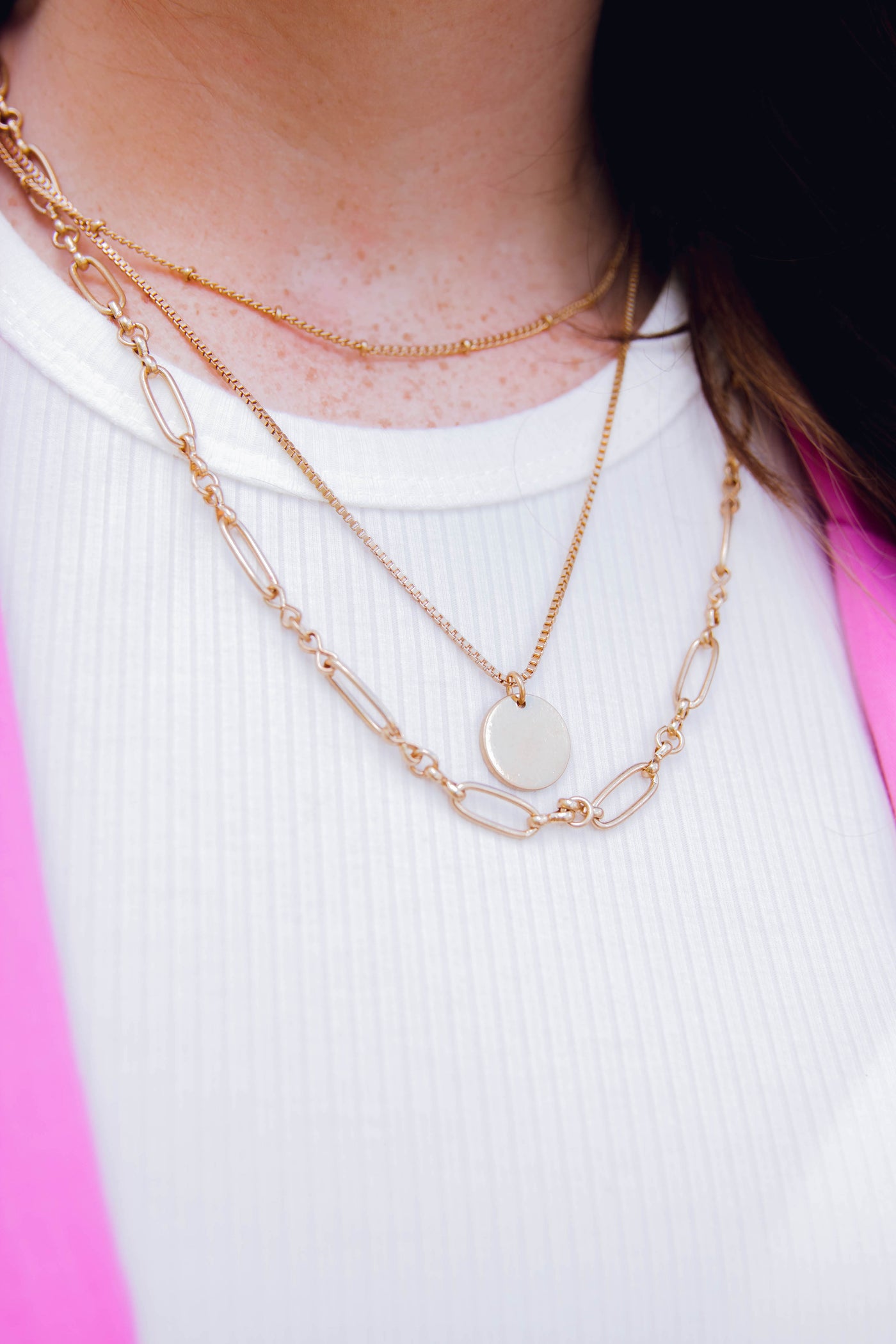 Canvas Layered Necklace- Layered Charm Necklace- Worn Gold Chain Necklace