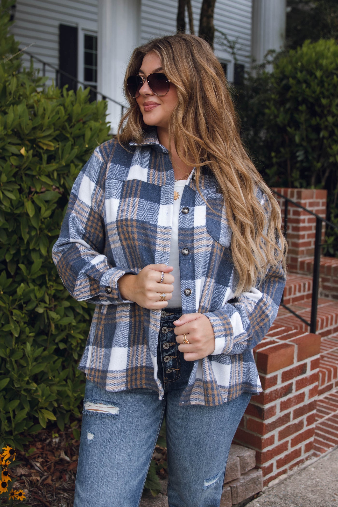 Oversized Navy and Blue Plaid Flannel Shacket- Women's Flannel Shirt Jacket- Blue B Flannel Shacket