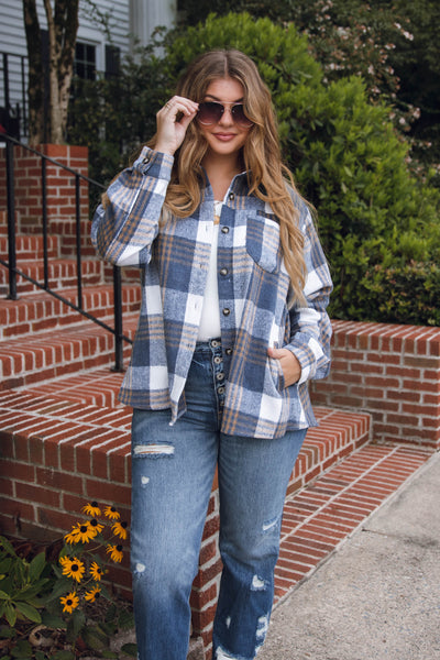 Oversized Navy and Blue Plaid Flannel Shacket- Women's Flannel Shirt Jacket- Blue B Flannel Shacket