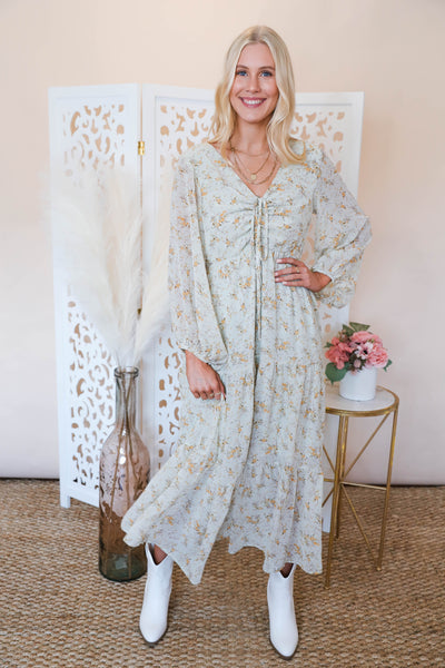 Dainty Floral Print Dress- Feminine Midi Dress- Ruched Midi Dress- Fanco Midi Dress