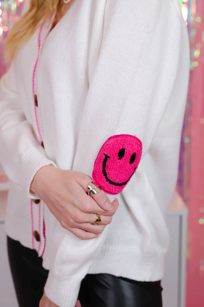 White Cardigan With Neon Smiley Face Patches- Smiley Face Cardigan with Neon Pink Stitching