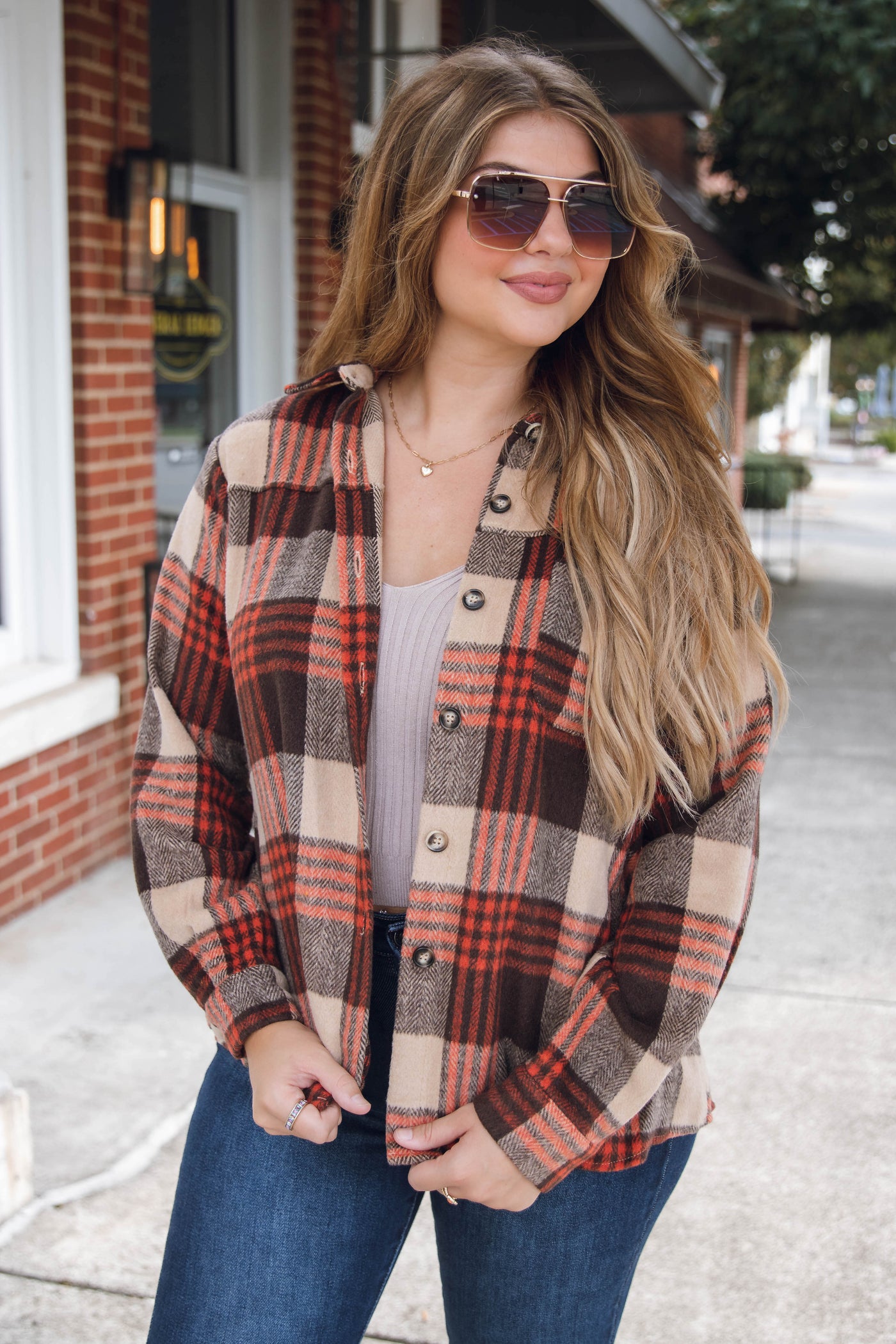 Oversized Brown and Rust Plaid Flannel Shacket- Women's Flannel Shirt Jacket- Blue B Flannel Shacket