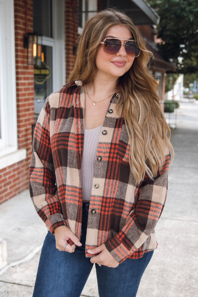 Oversized Brown and Rust Plaid Flannel Shacket- Women's Flannel Shirt Jacket- Blue B Flannel Shacket