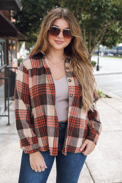 Oversized Brown and Rust Plaid Flannel Shacket- Women's Flannel Shirt Jacket- Blue B Flannel Shacket