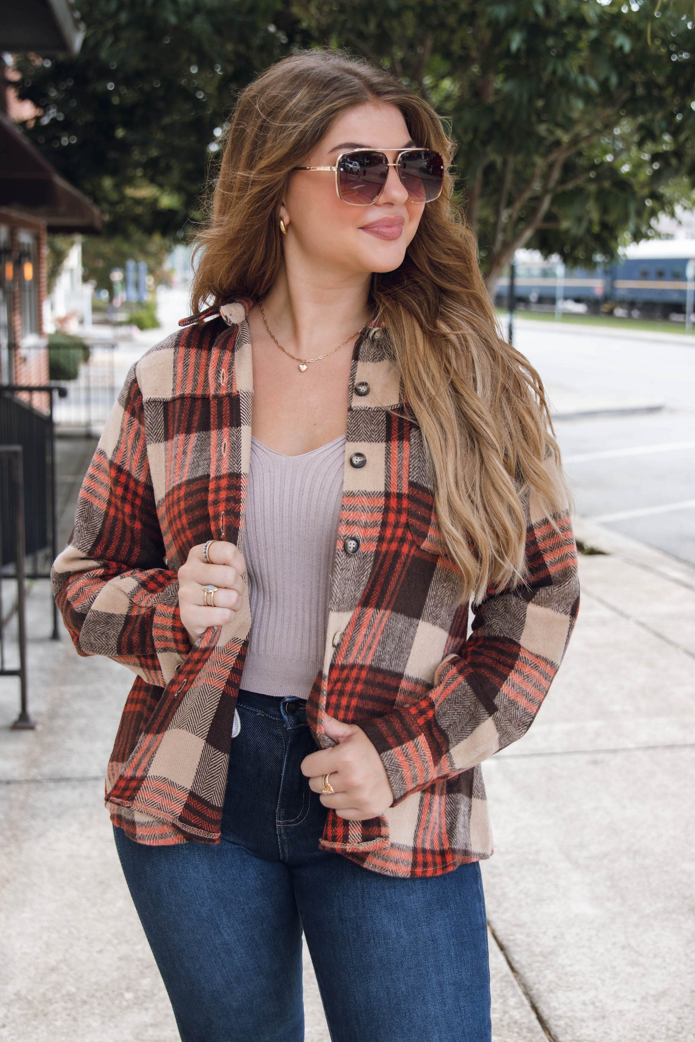 Oversized Brown and Rust Plaid Flannel Shacket- Women's Flannel Shirt Jacket- Blue B Flannel Shacket