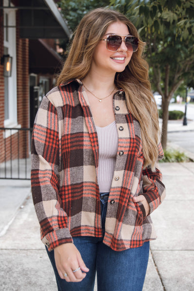 Oversized Brown and Rust Plaid Flannel Shacket- Women's Flannel Shirt Jacket- Blue B Flannel Shacket