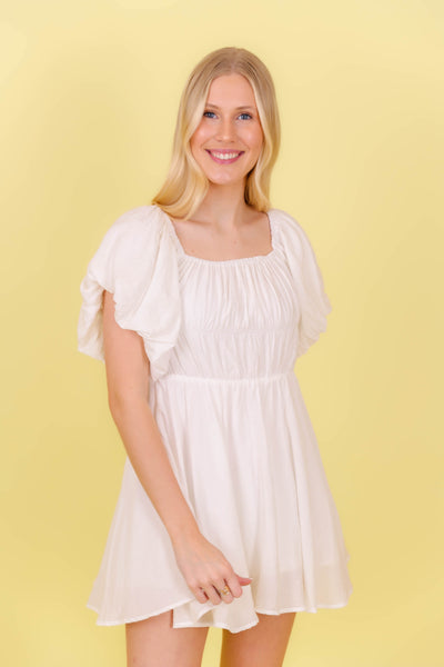 White Mini Dress- White Puff Sleeve Dress- Bridal Shower Dresses