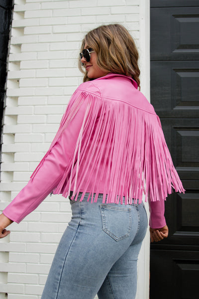 Hot Pink Moto Jacket- Faux Leather Fringe Jacket- Pink Fringe Jacket- Blue B Fringe Jacket