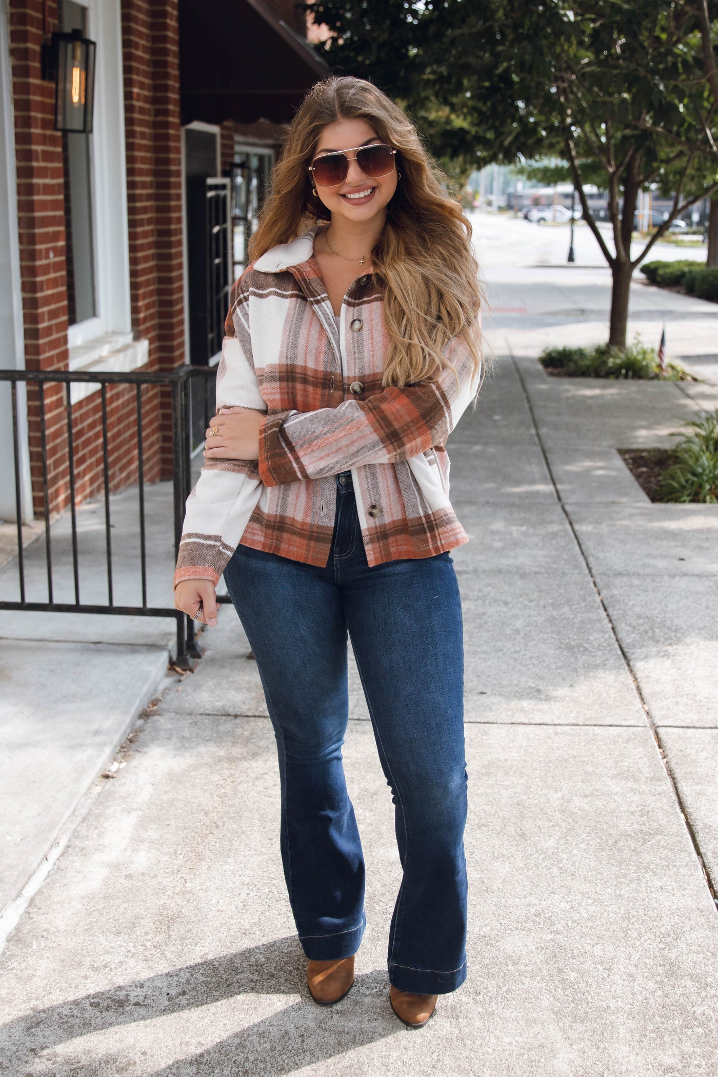 Rust and Brown Plaid Jacket- Plaid Brown Shacket- Women's Oversized Cropped Shacket- Blue B Plaid Shacket