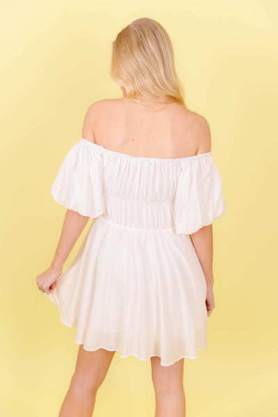 White Mini Dress- White Puff Sleeve Dress- Bridal Shower Dresses