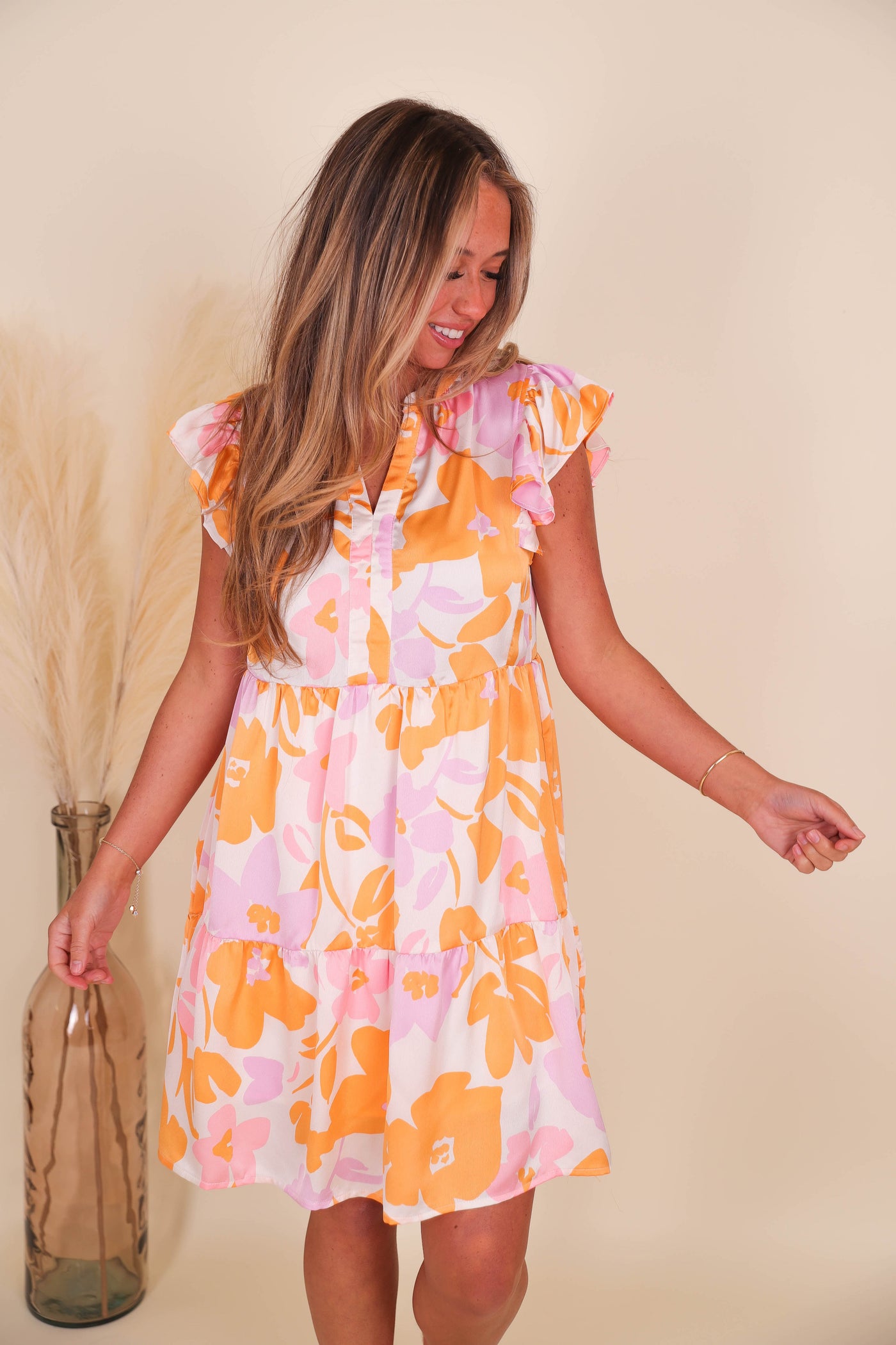 Pink And Orange Floral Print Dress- Colorful Women's Dresses- Mittoshop Floral Dress