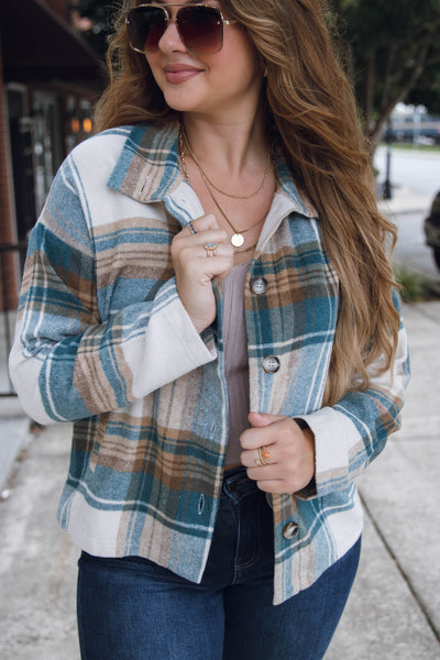 Teal and Brown Plaid Jacket- Plaid Teal Shacket- Women's Oversized Cropped Shacket- Blue B Plaid Shacket