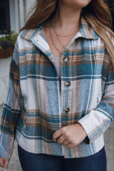 Teal and Brown Plaid Jacket- Plaid Teal Shacket- Women's Oversized Cropped Shacket- Blue B Plaid Shacket