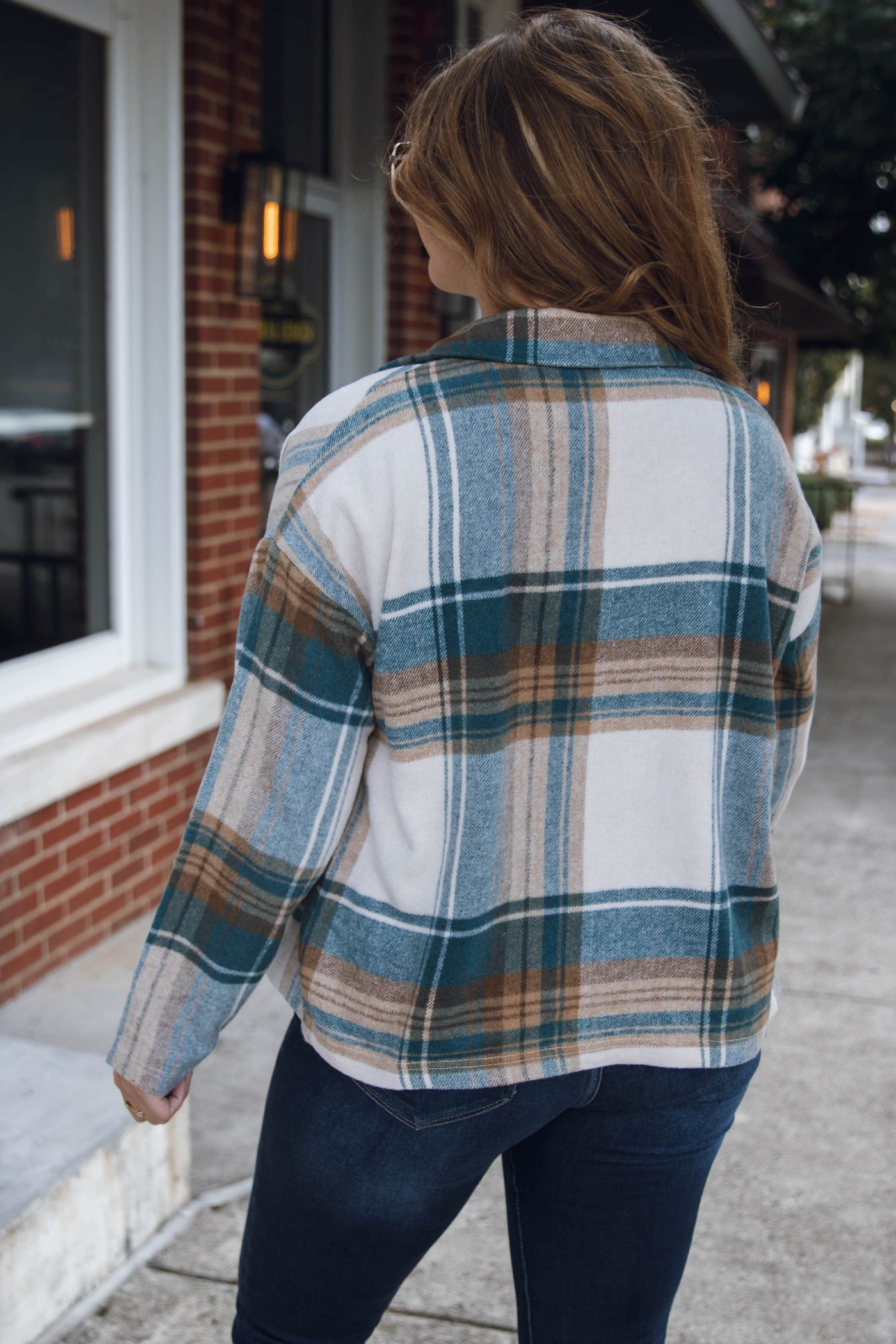 Teal and Brown Plaid Jacket- Plaid Teal Shacket- Women's Oversized Cropped Shacket- Blue B Plaid Shacket