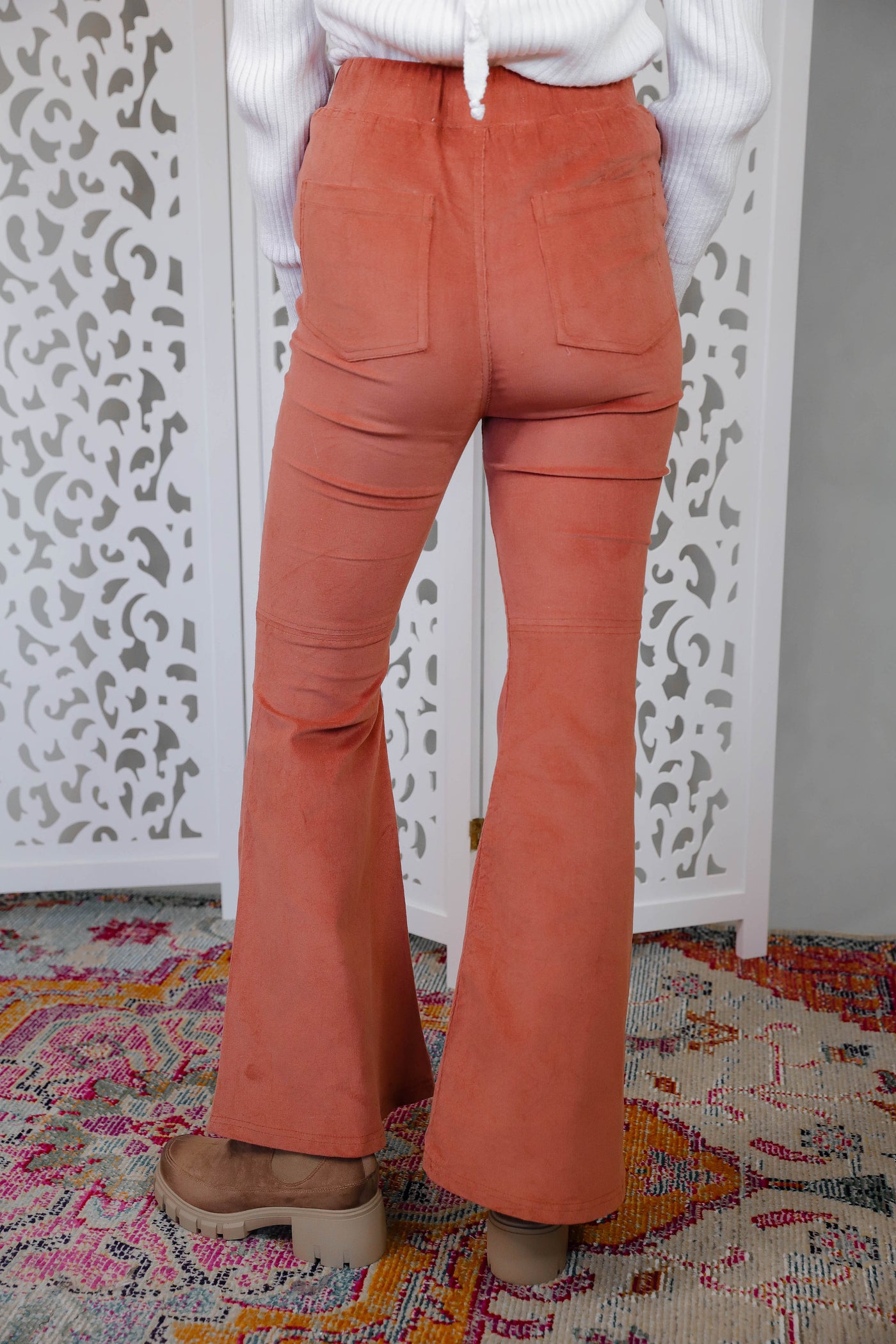 Rust Corduroy Flare Pants- Elastic Flared Pants- 