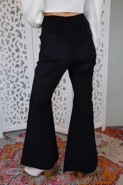 Black Corduroy Flare Pants- Elastic Black Flared Pants- 