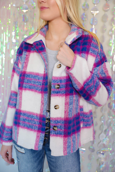 Vibrant Checked Shacket with Pockets- Women's Button Down Flannel- Blue B Flannel