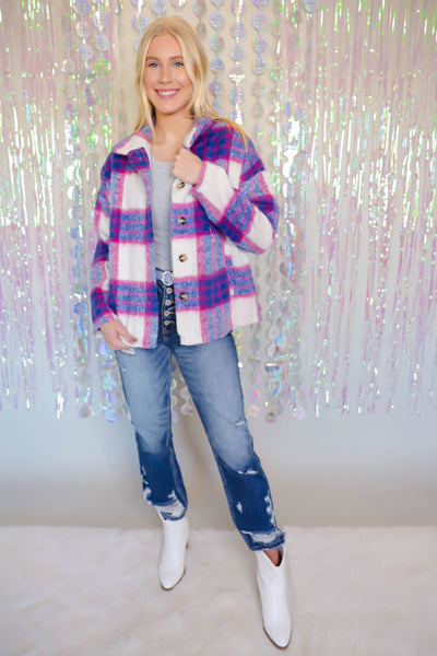 Vibrant Checked Shacket with Pockets- Women's Button Down Flannel- Blue B Flannel